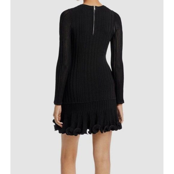 Milly Authentic Solid Black Ribbed Knit Long Sleeve Ruffle Mini Dress Xs Small P - Picture 2 of 9